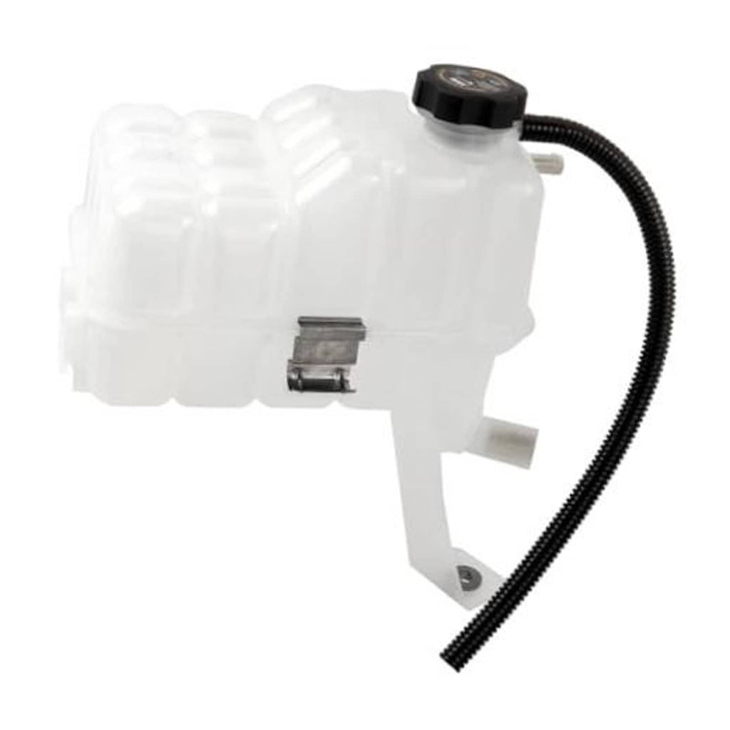 White coolant reservoir tank with sensor, black cap, and connected black hose