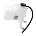 White coolant reservoir tank with sensor, black cap, and connected black hose