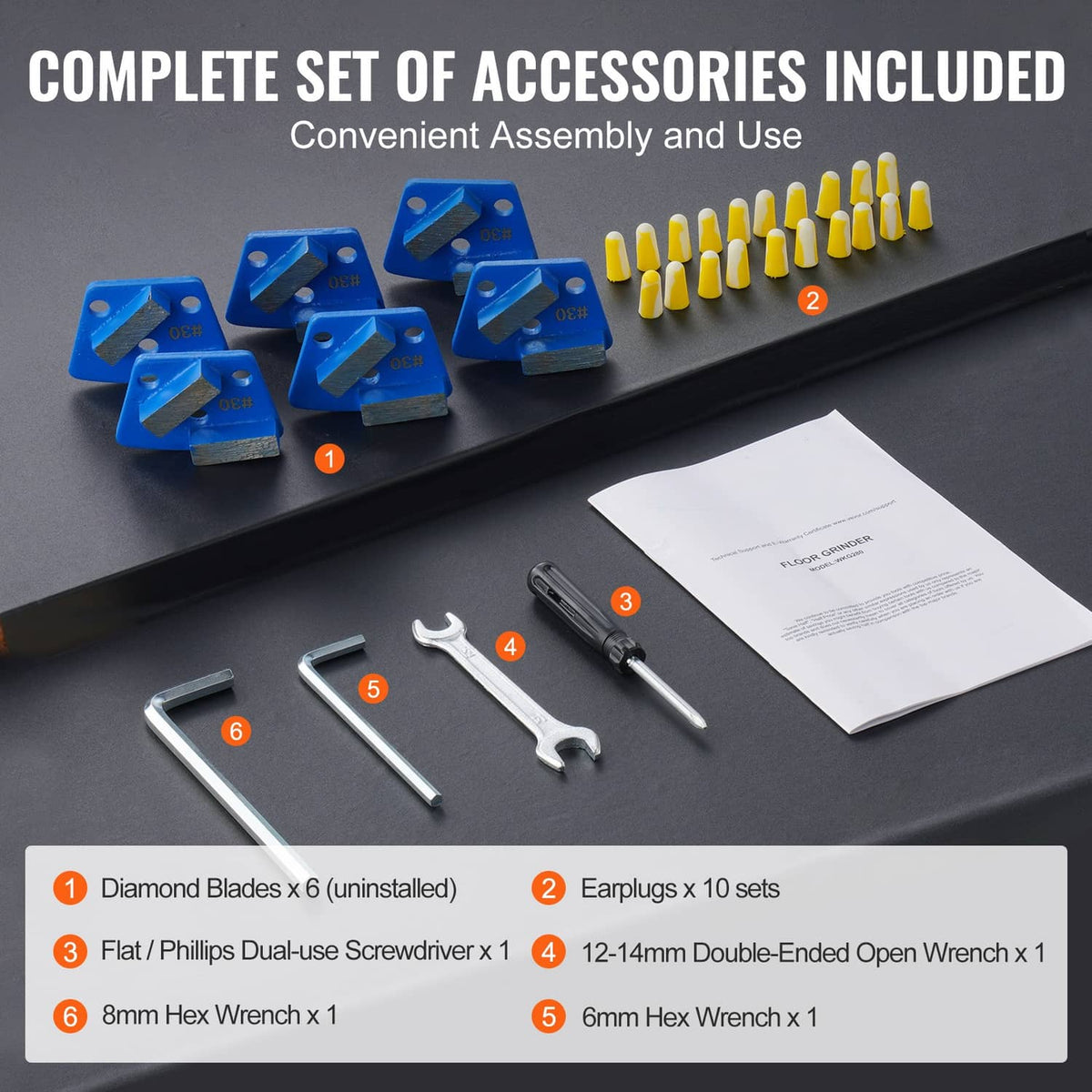 Grinder accessory kit with blue grinding blades, wrenches, and hex tools