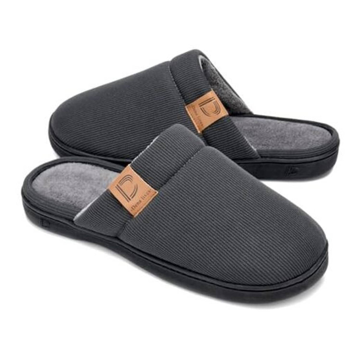 Dark gray memory foam slippers with fuzzy plush lining, slip-on open back strap