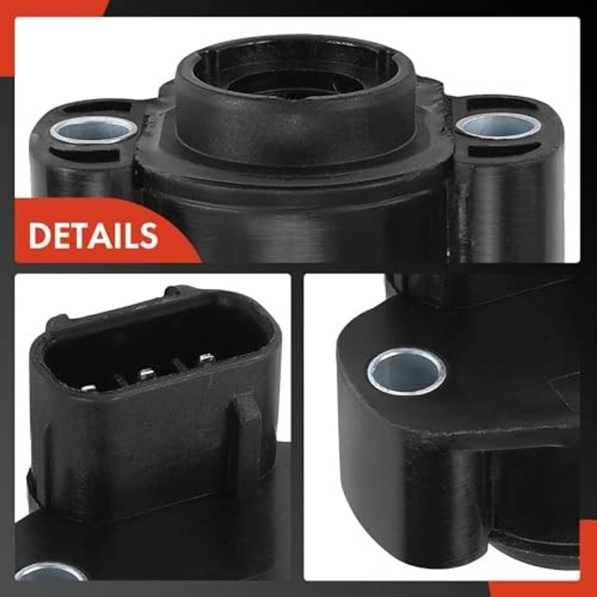 Throttle position sensor details collage with connector and mounting tab close-ups