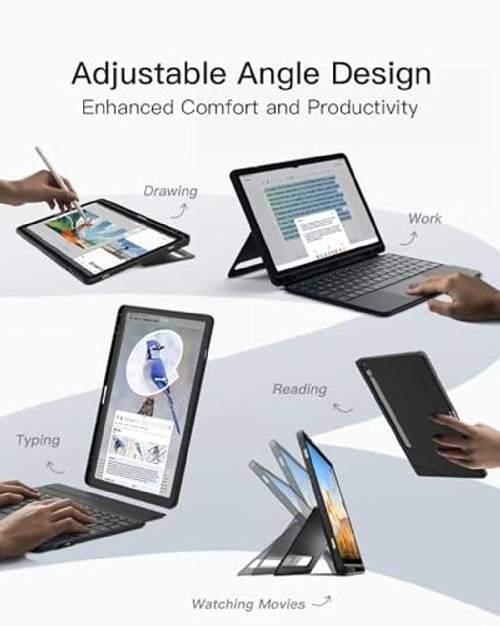 Tablet keyboard case with adjustable stand angles for typing, reading, and watching