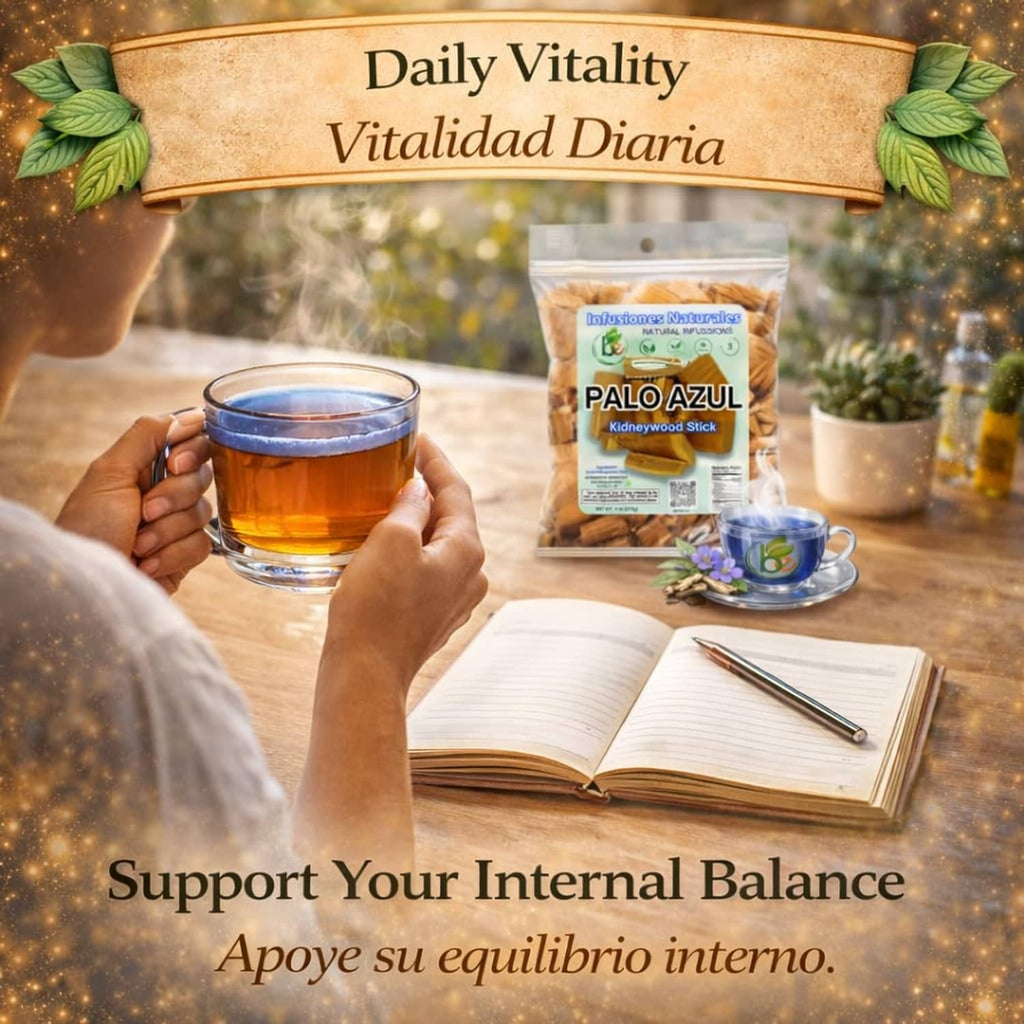 Palo Azul herbal tea pouch with a cup of tea held in a hand