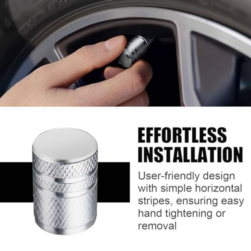 Silver metal tire valve stem cap being installed on a wheel, diamond texture