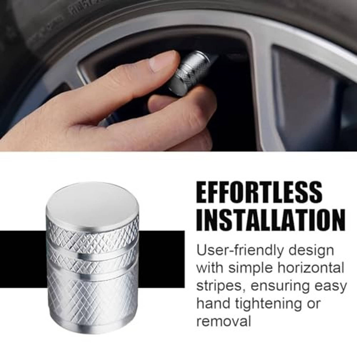 Silver metal tire valve stem cap being installed on a wheel, diamond texture