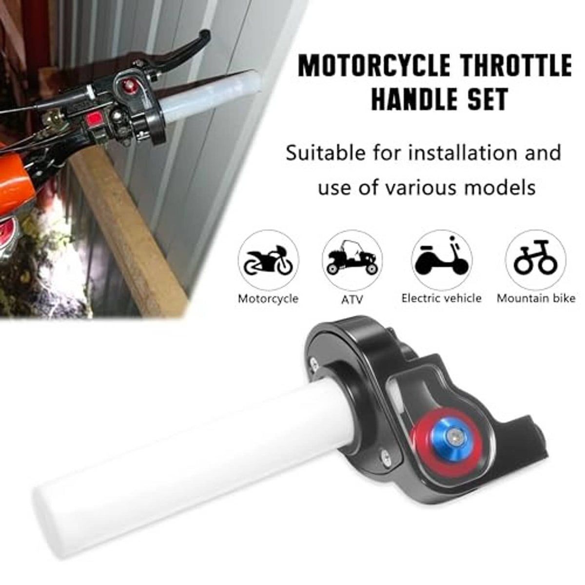 Motorcycle throttle handle set with black twist grip and braided cable