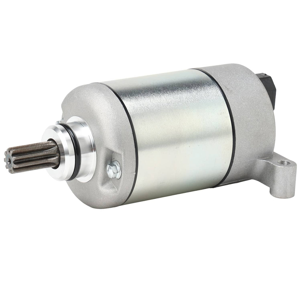 Starter motor assembly angled view with ribbed drive shaft and mounting bracket