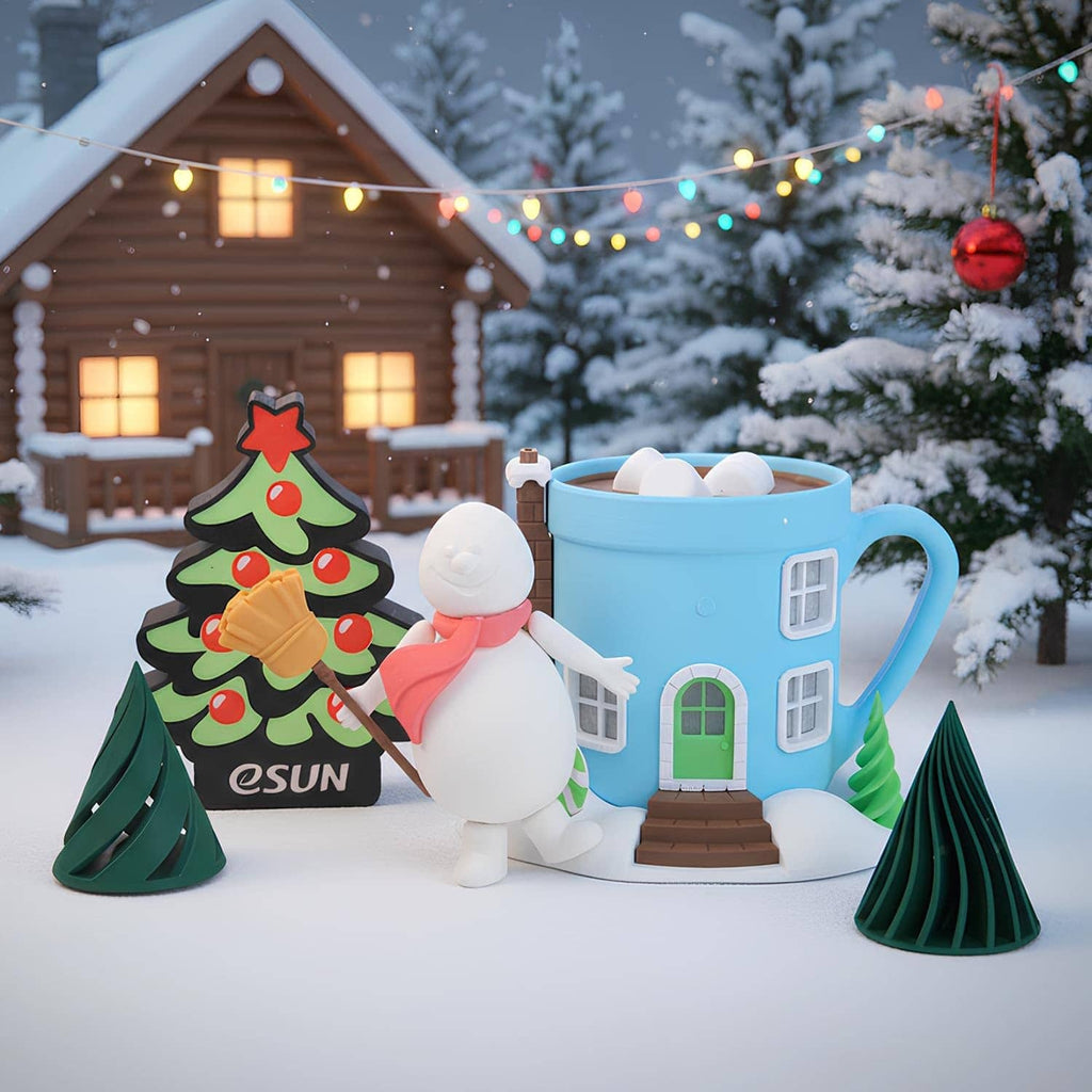 Snowy holiday 3D scene with a blue mug house, green trees, and a small red star figure.