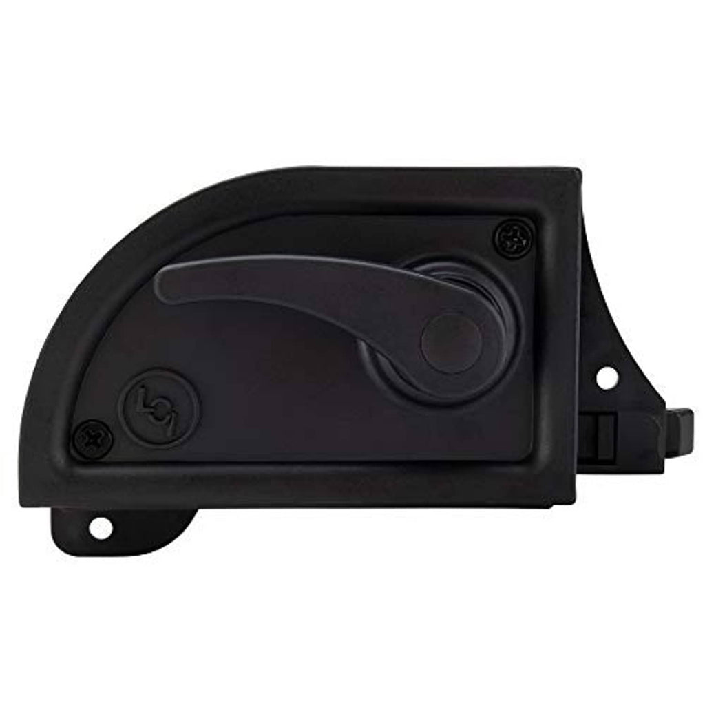 Black RV screen door latch with curved handle and mounting base