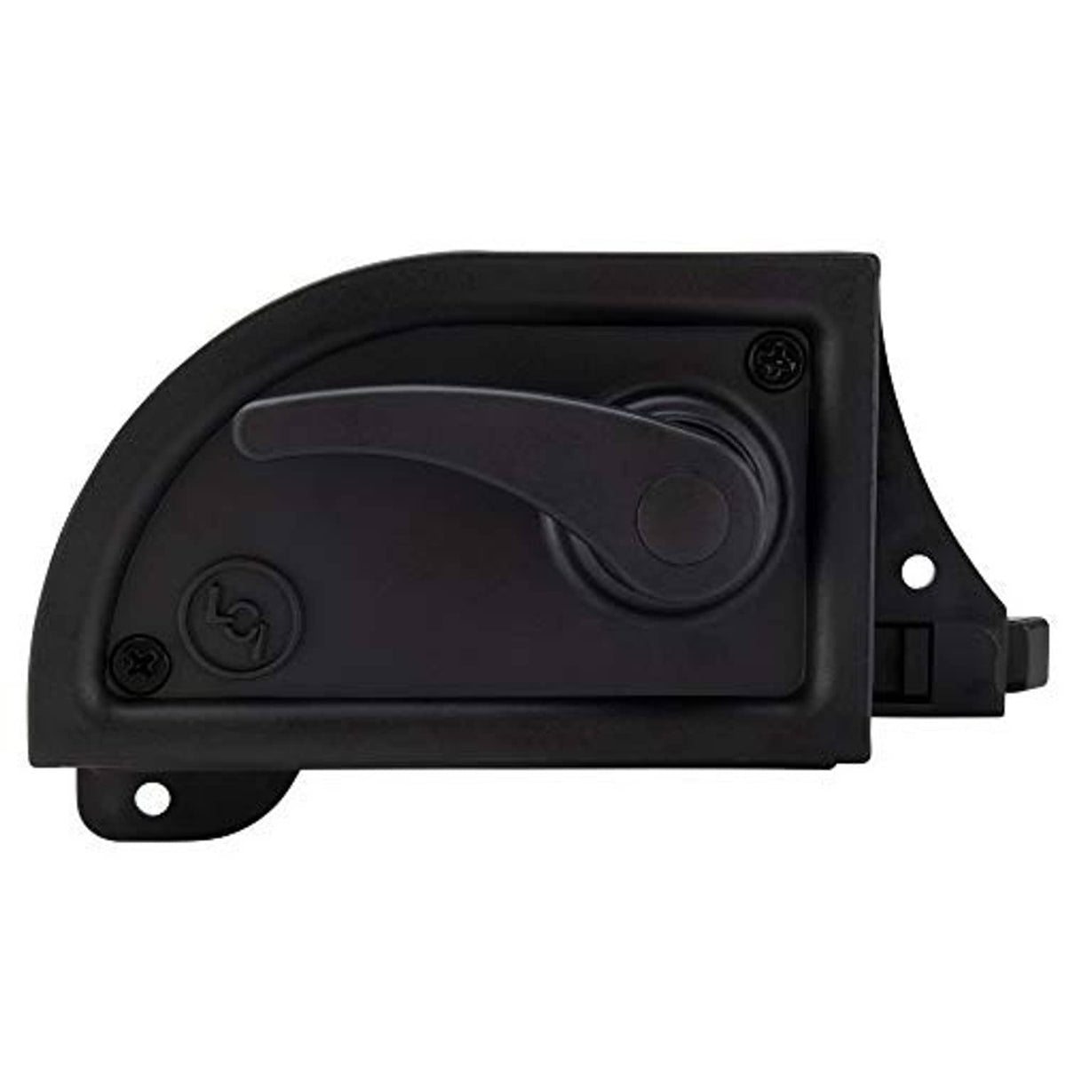 Black RV screen door latch with curved handle and mounting base