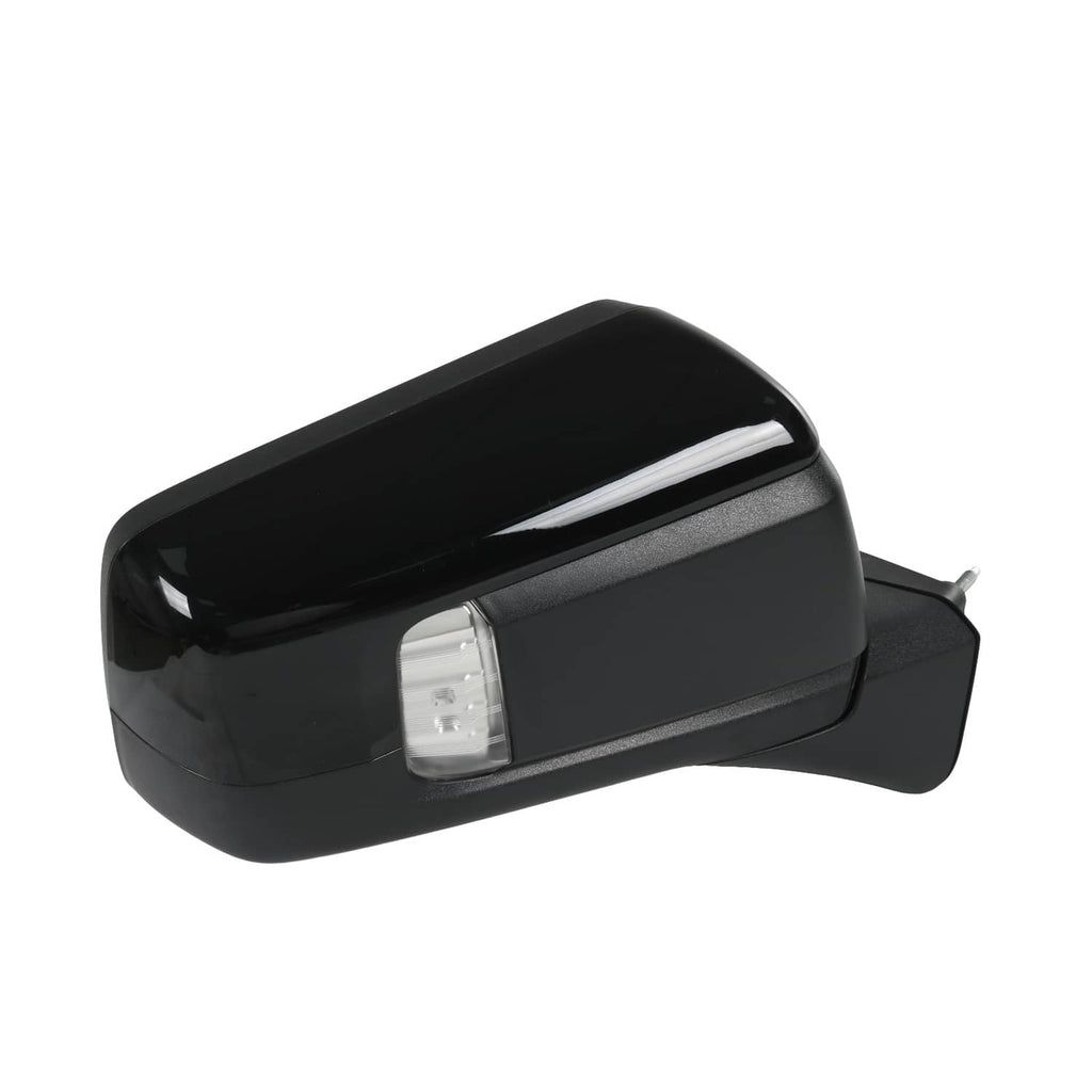 Black side mirror with integrated clear turn-signal strip