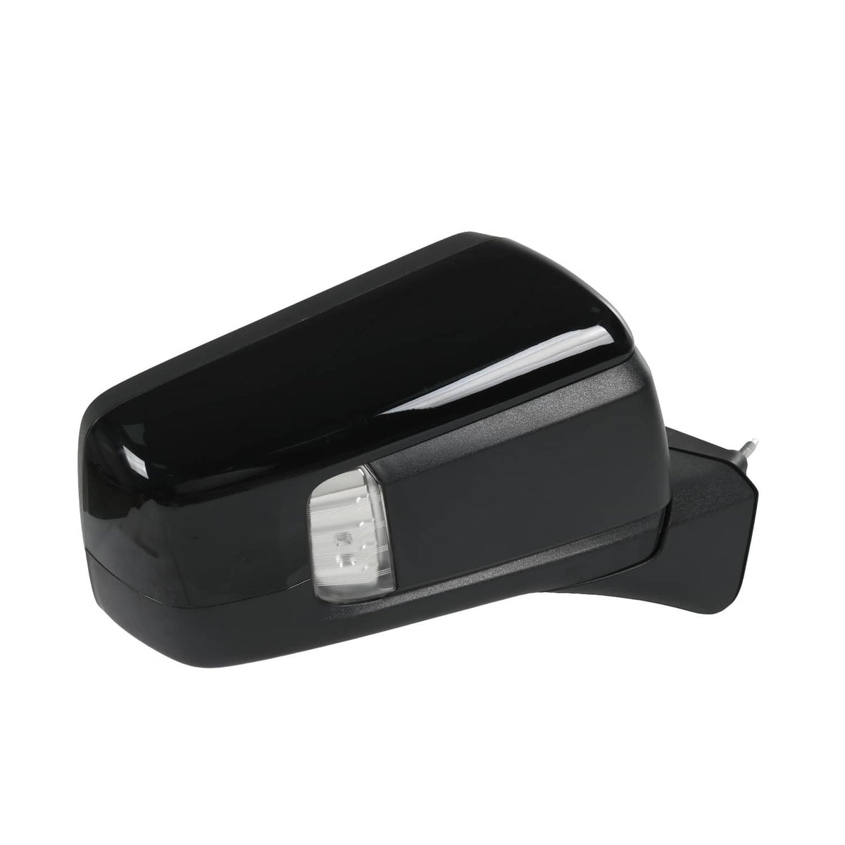 Black side mirror with integrated clear turn-signal strip