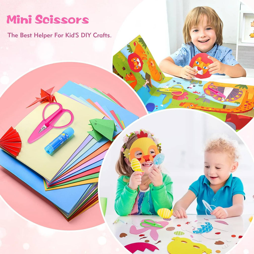 Mini scissors set in bright colors beside kids’ craft supplies