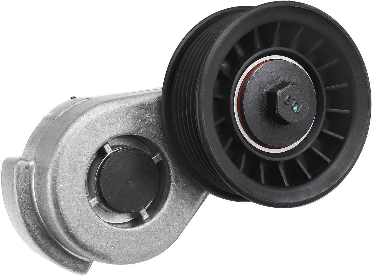 Automatic belt tensioner with ribbed black pulley and silver mounting bracket