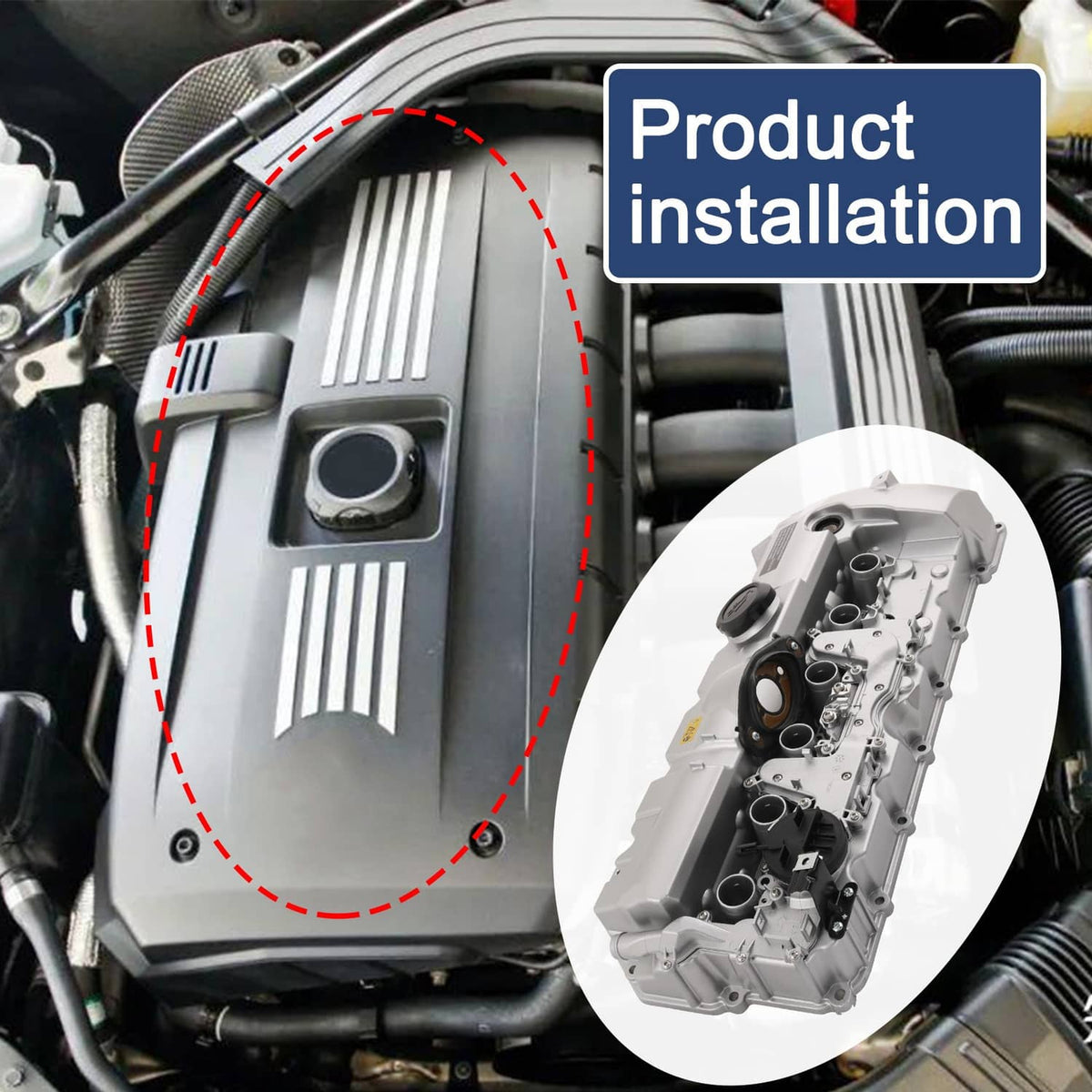Aluminum engine valve cover installed in engine bay with oil cap and openings