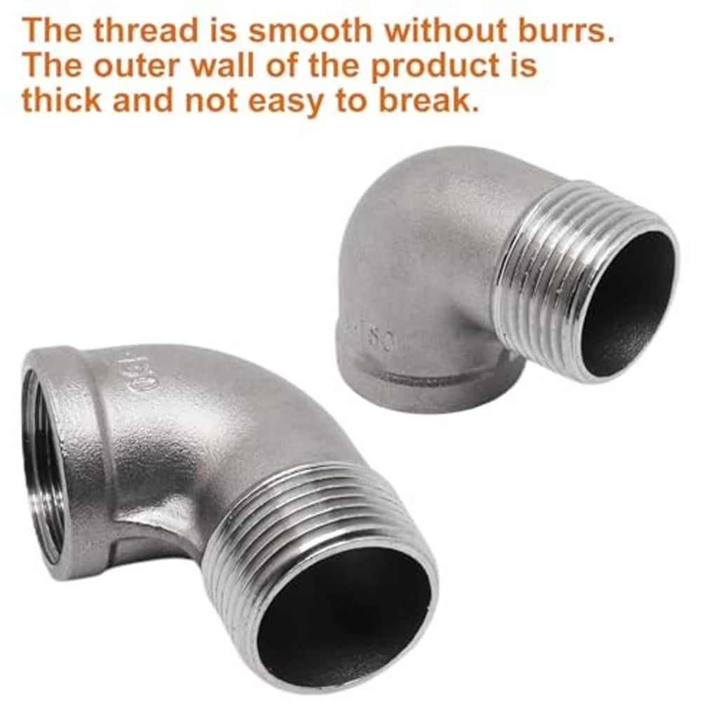 Stainless steel 90-degree elbow fitting close-up with visible internal and external threads