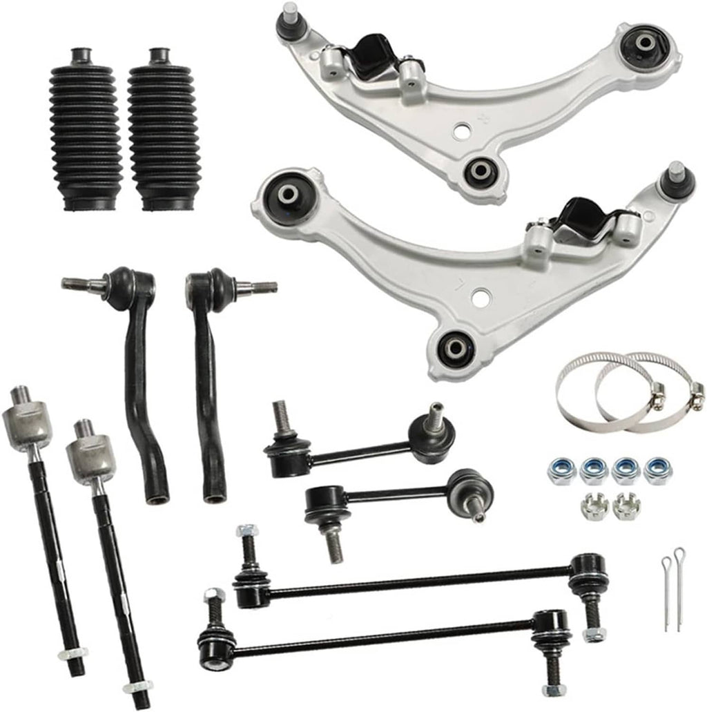 Front suspension control arm and tie rod kit with boots, links, and hardware