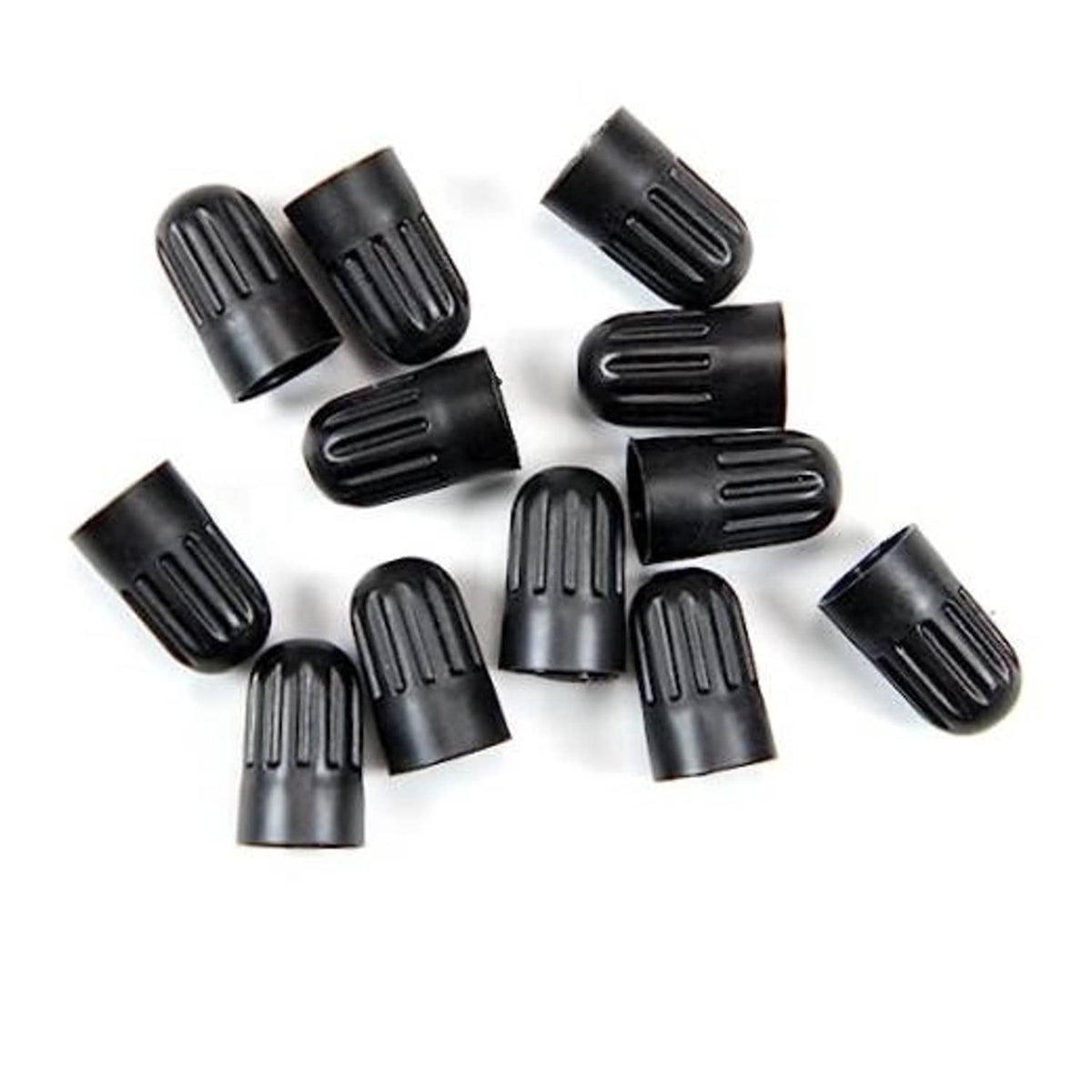 Black plastic long tire valve stem caps, multiple caps shown
