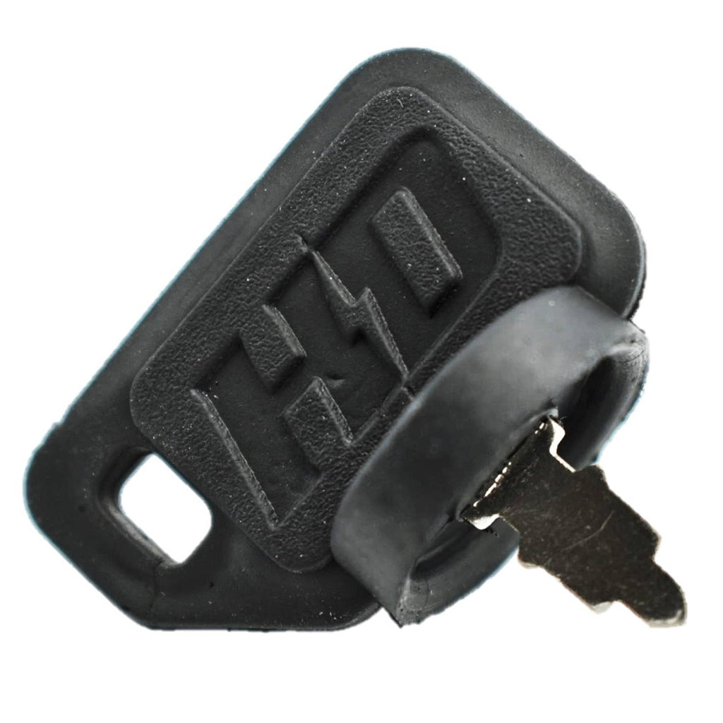 Black ignition key with embossed lettering on the cap and a metal blade