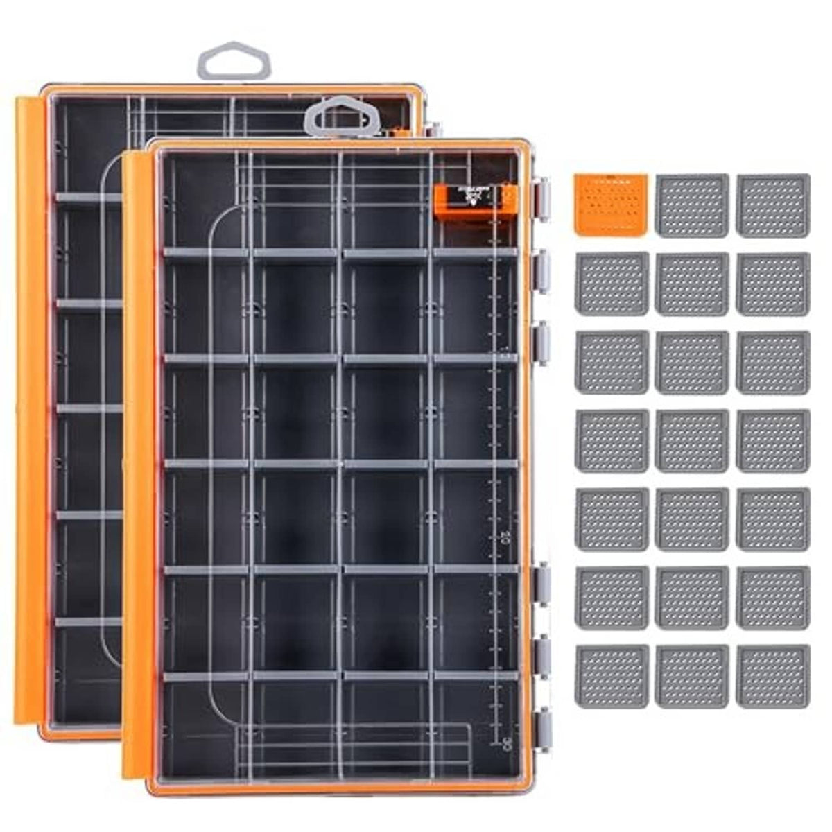 Orange fishing tackle box with transparent lid open, gray grid compartments and latches