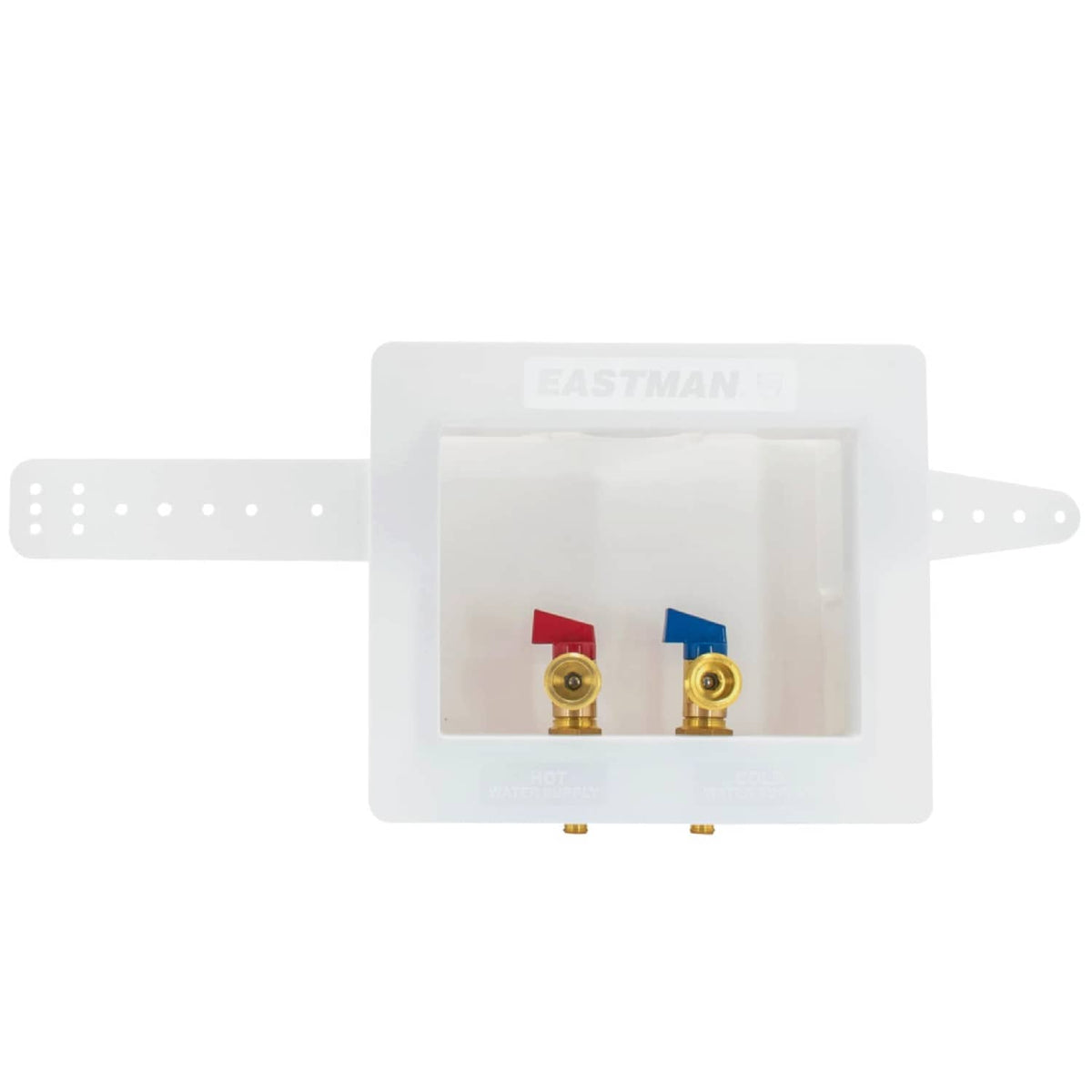 White washing machine outlet box with two brass ball valves and red/blue shutoff tabs