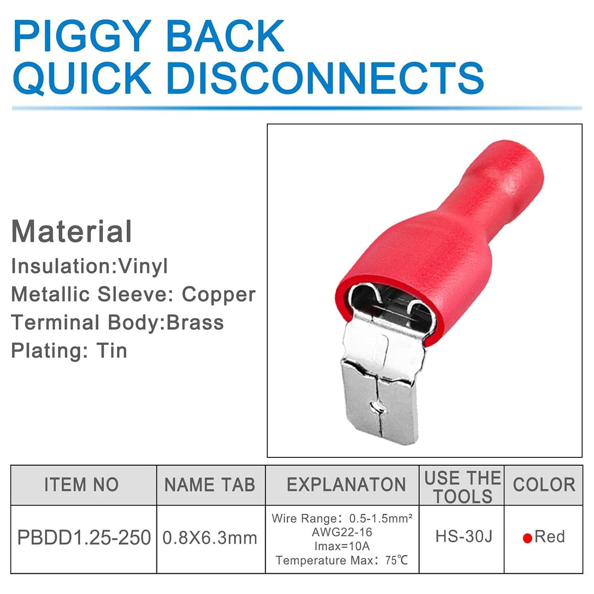 Red insulated spade crimp terminal connector with vinyl insulation and tin-plated contacts