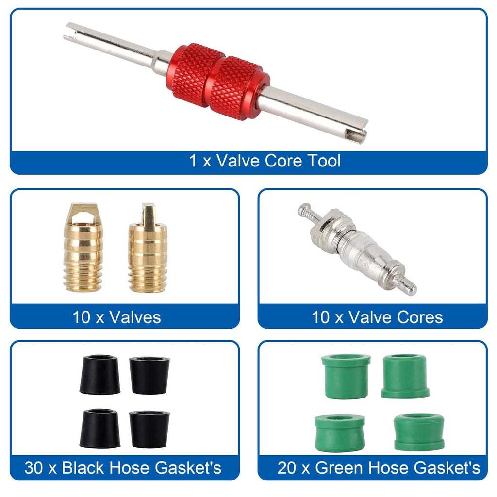 HVAC hose gasket kit set with valve core tool, brass valves, and green/black gaskets