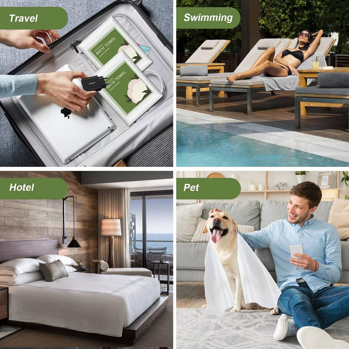 White disposable bath towels shown for travel, hotel, and pet grooming