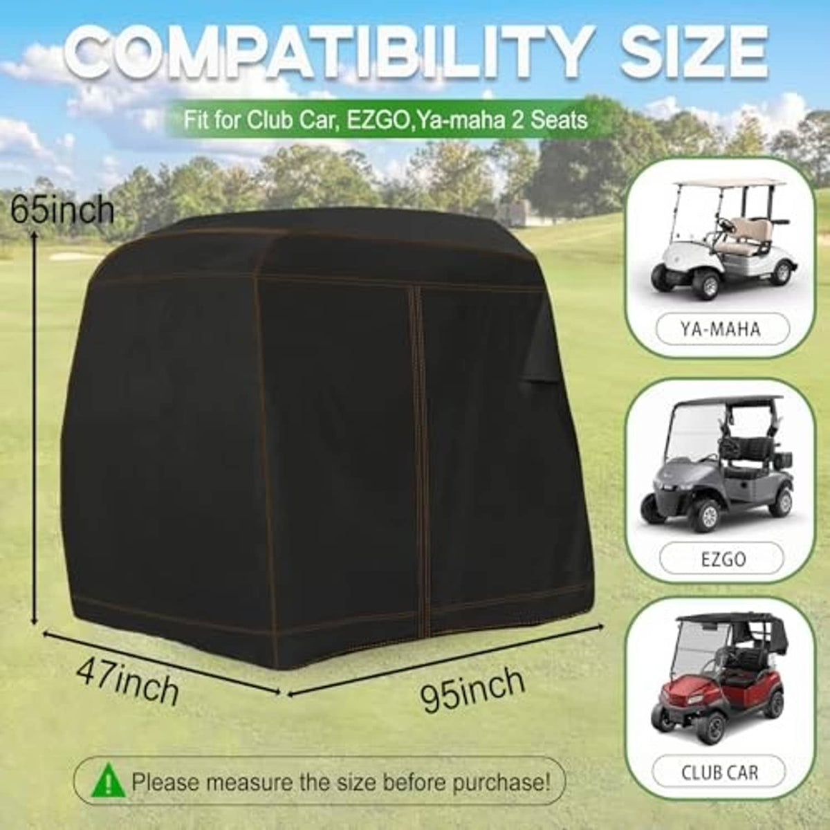 Black golf cart cover with tailored shape for compact 2-seat golf carts