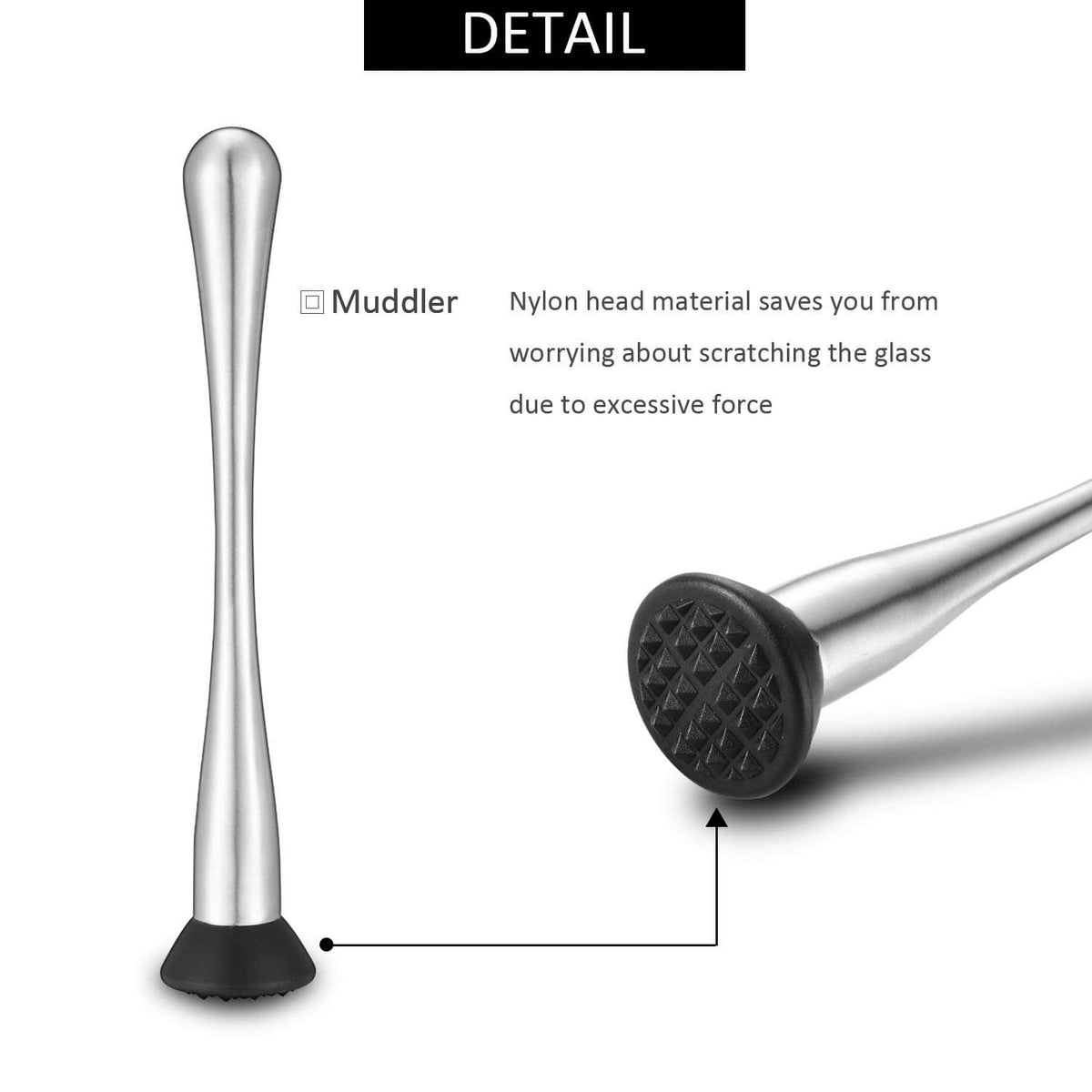 Stainless steel muddler with black nylon head, silver handle