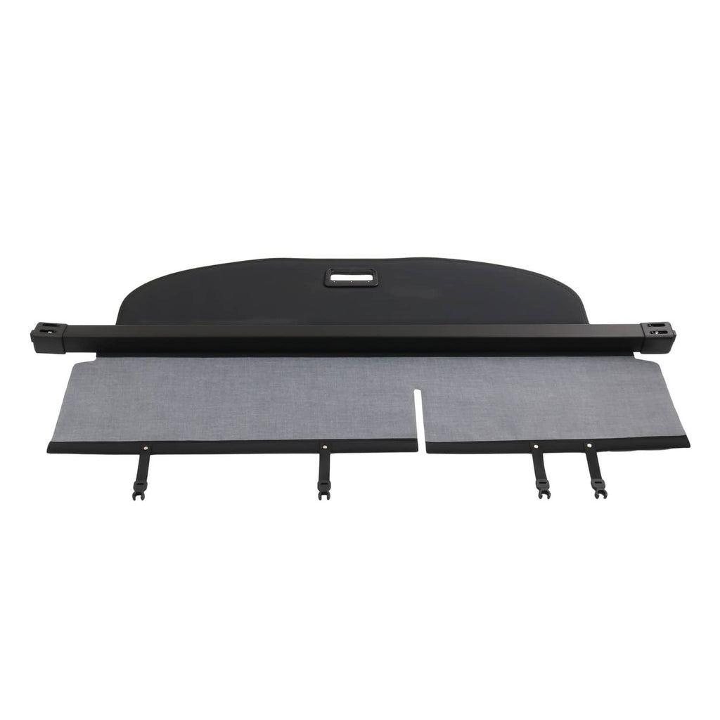 Rear trunk security shade cargo cover showing arched black end and center gray panel