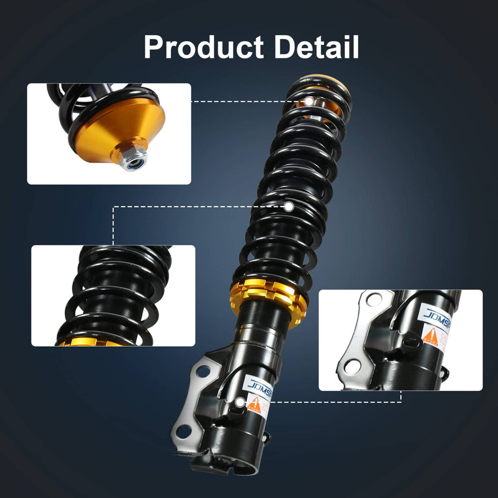 Front suspension coilover strut with black spring, gold top adjuster, and bracket