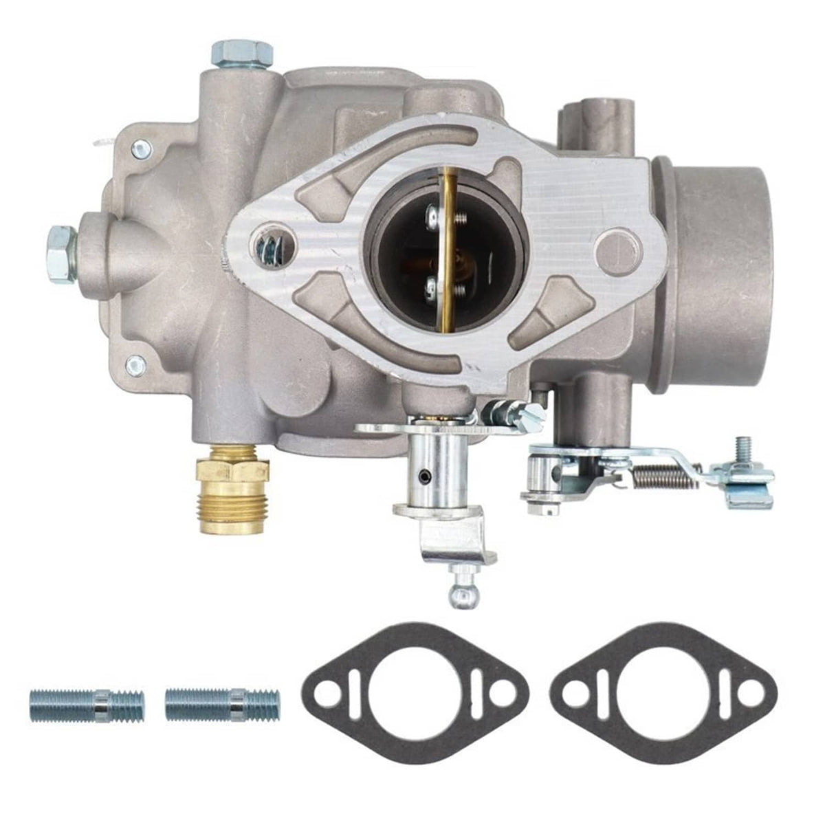 Gray metal carburetor kit with mounting hardware, gaskets, and visible fuel inlet