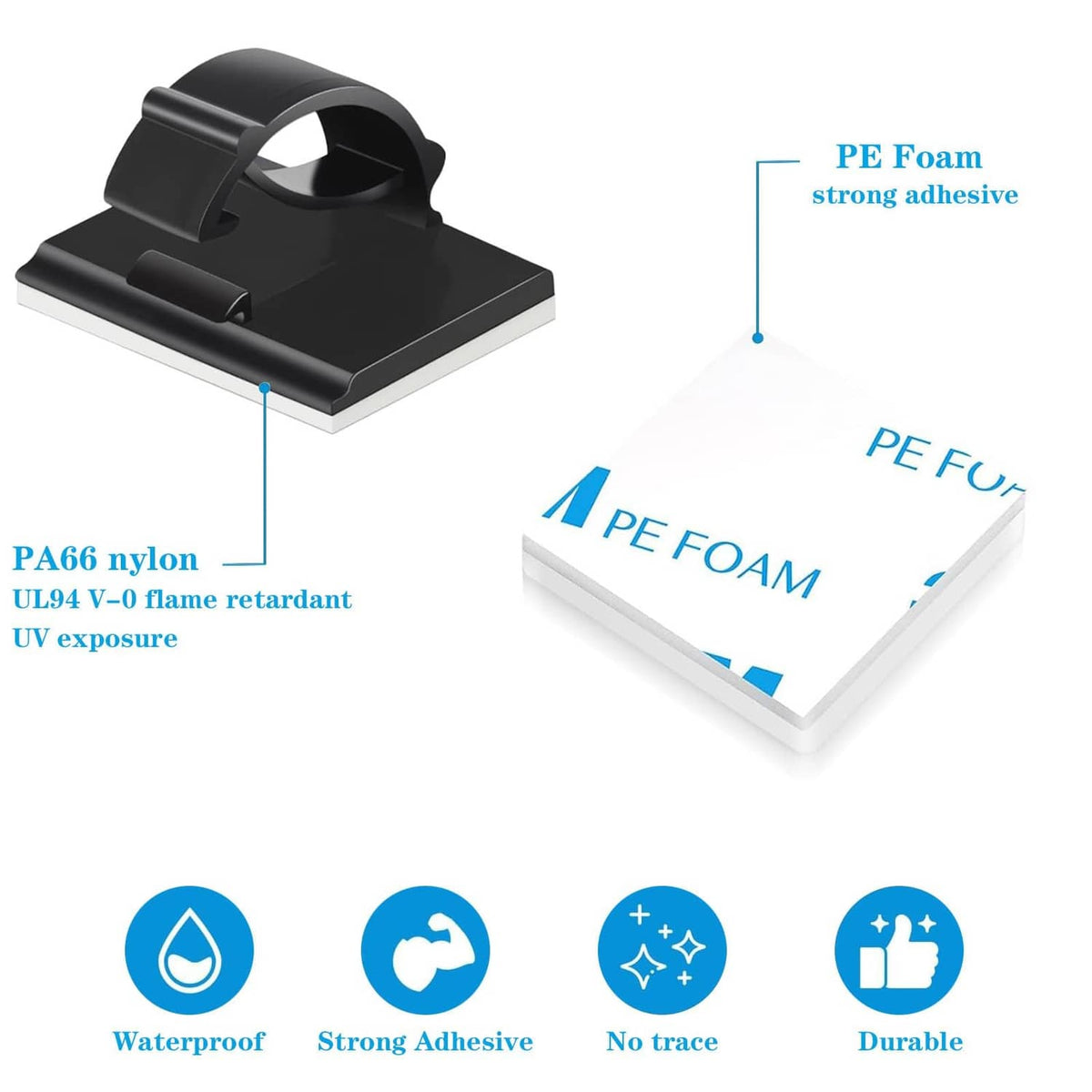 Black adhesive cable clips with PE foam backing for mounting and holding cables