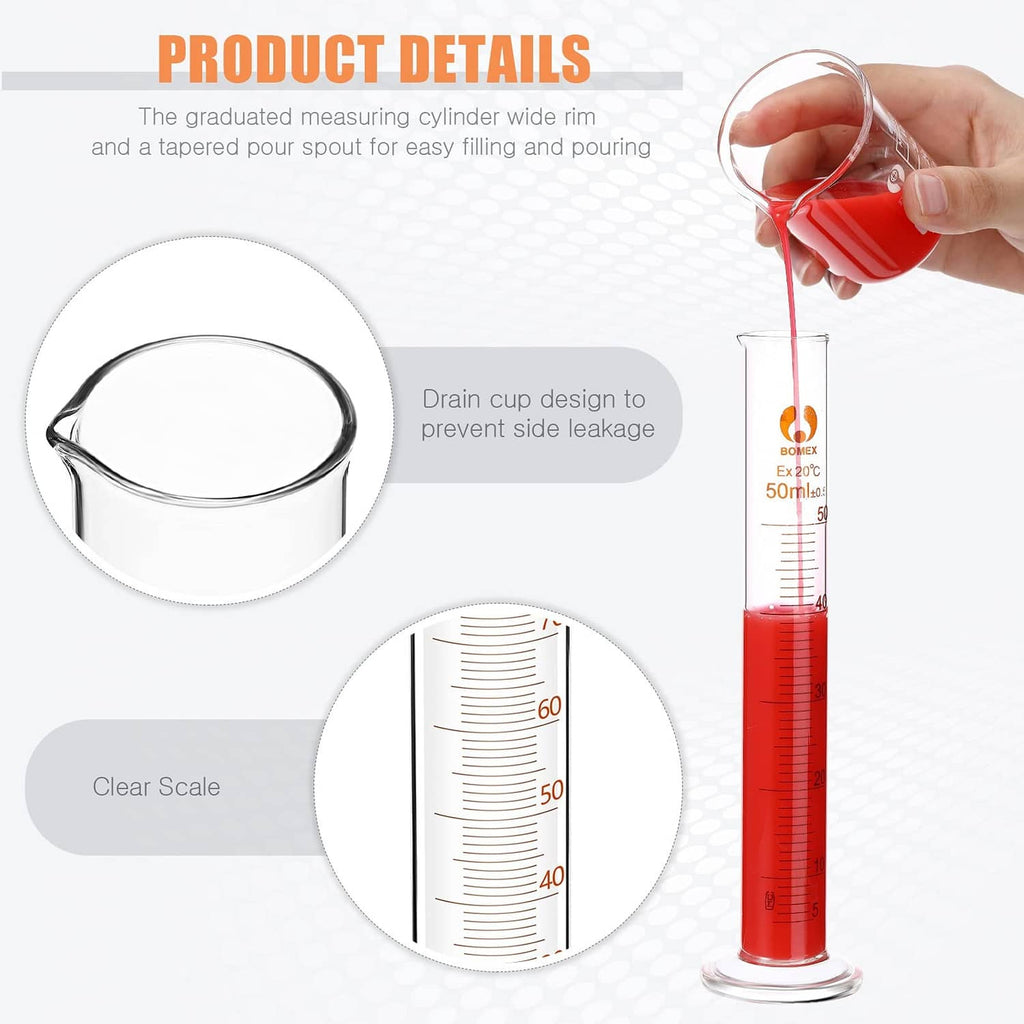 Glass graduated measuring cylinder with wide rim and tapered pour spout