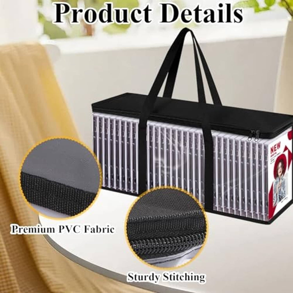 Clear PVC DVD storage bag with black stitched edges, front window, and handles