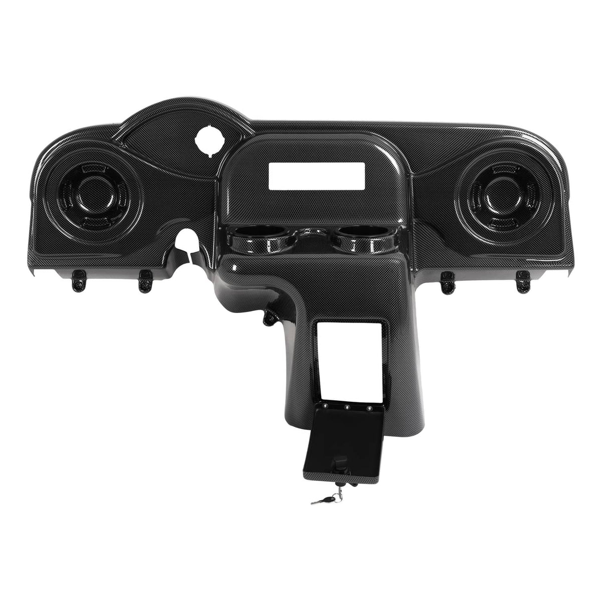 Golf cart dash cover with radio face, two round speakers, and central charging/port opening