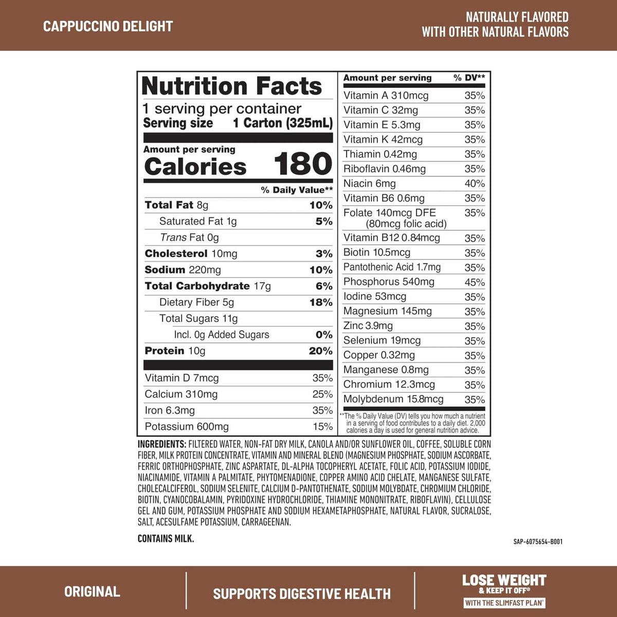 SlimFast cappuccino delight nutrition facts panel on a red-and-blue carton