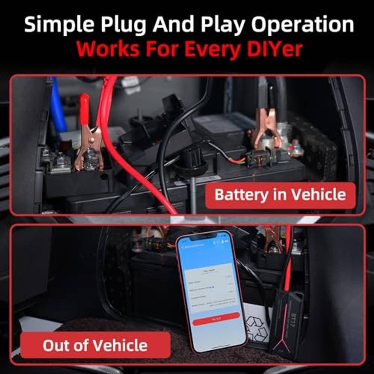 BT17 battery tester connected in a vehicle with phone app on screen