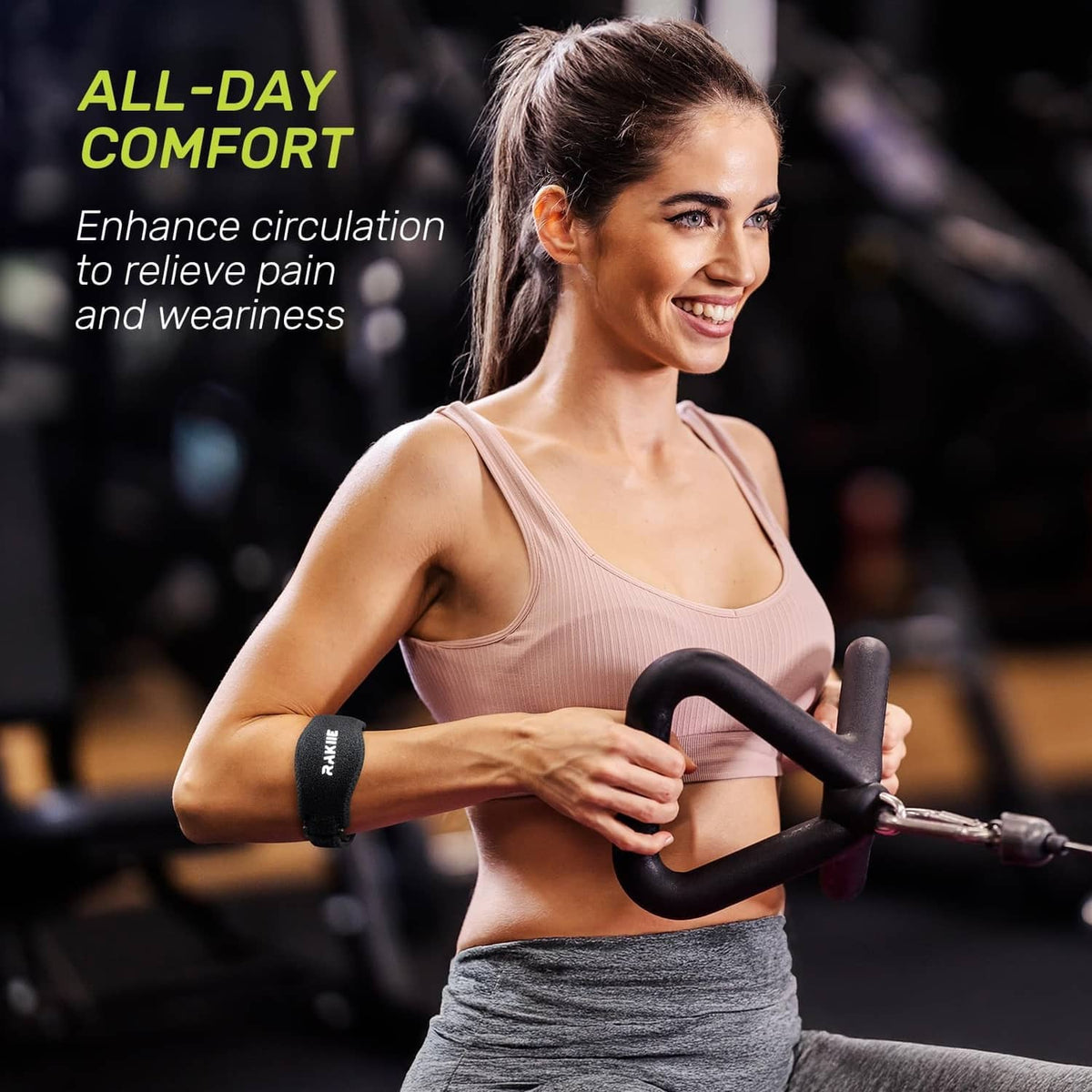 Black tennis elbow brace worn during workout on arm for comfort and support.