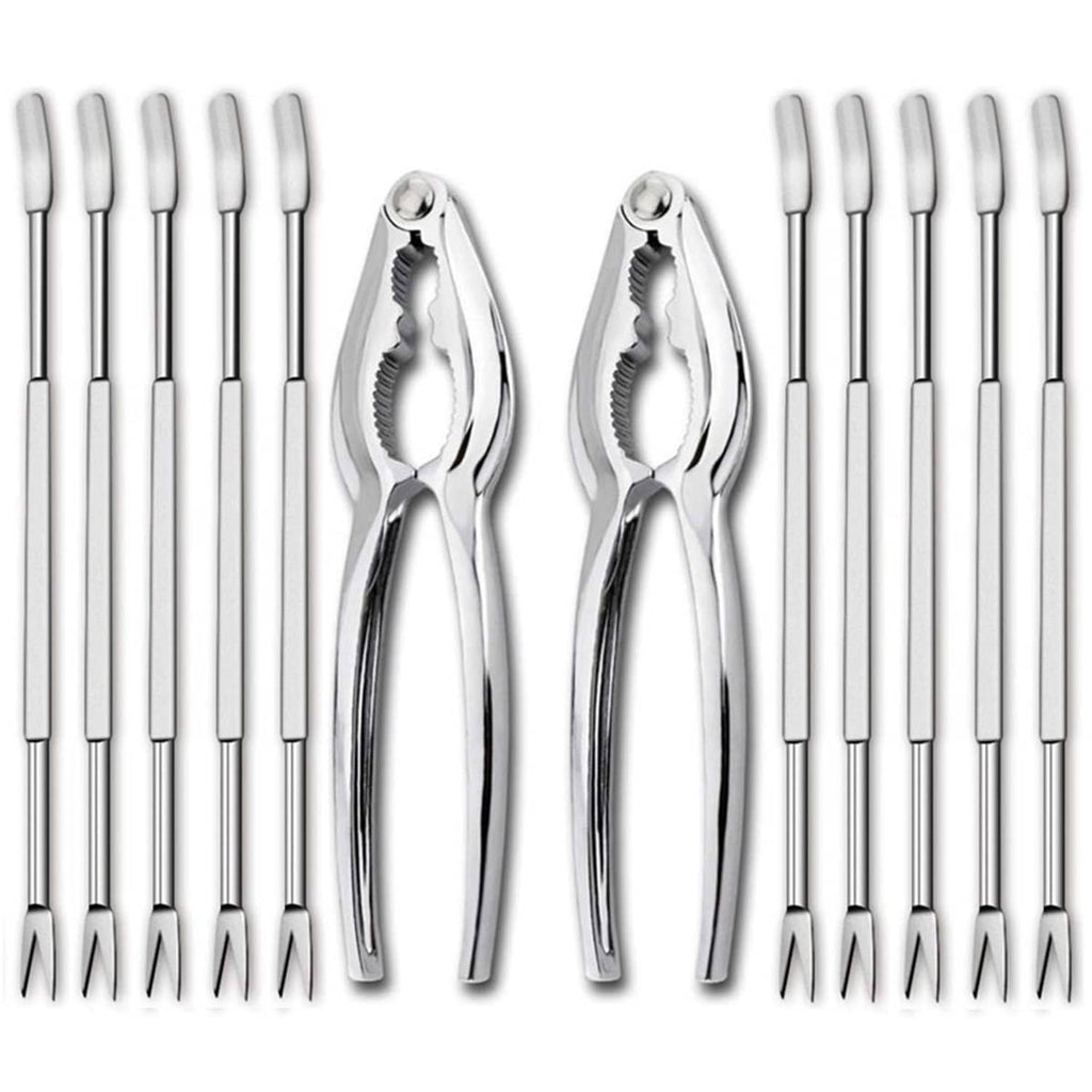 Seafood tools set with two lobster crab crackers and multiple stainless steel forks