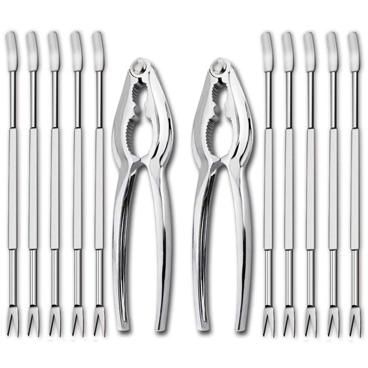 Seafood tools set with two lobster crab crackers and multiple stainless steel forks