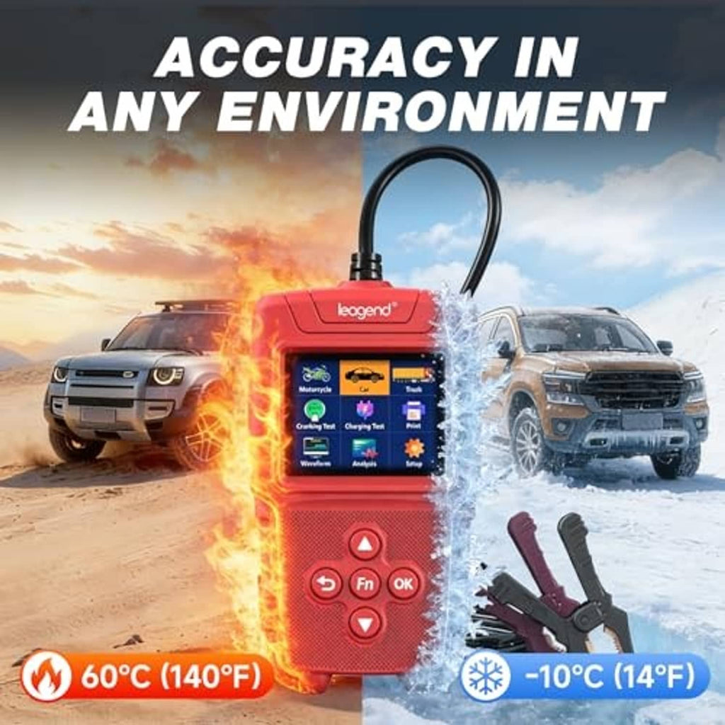 Red handheld car battery tester with color screen and connected test clamps