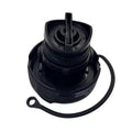Black fuel tank filler cap with integrated tether cord and sealing cap