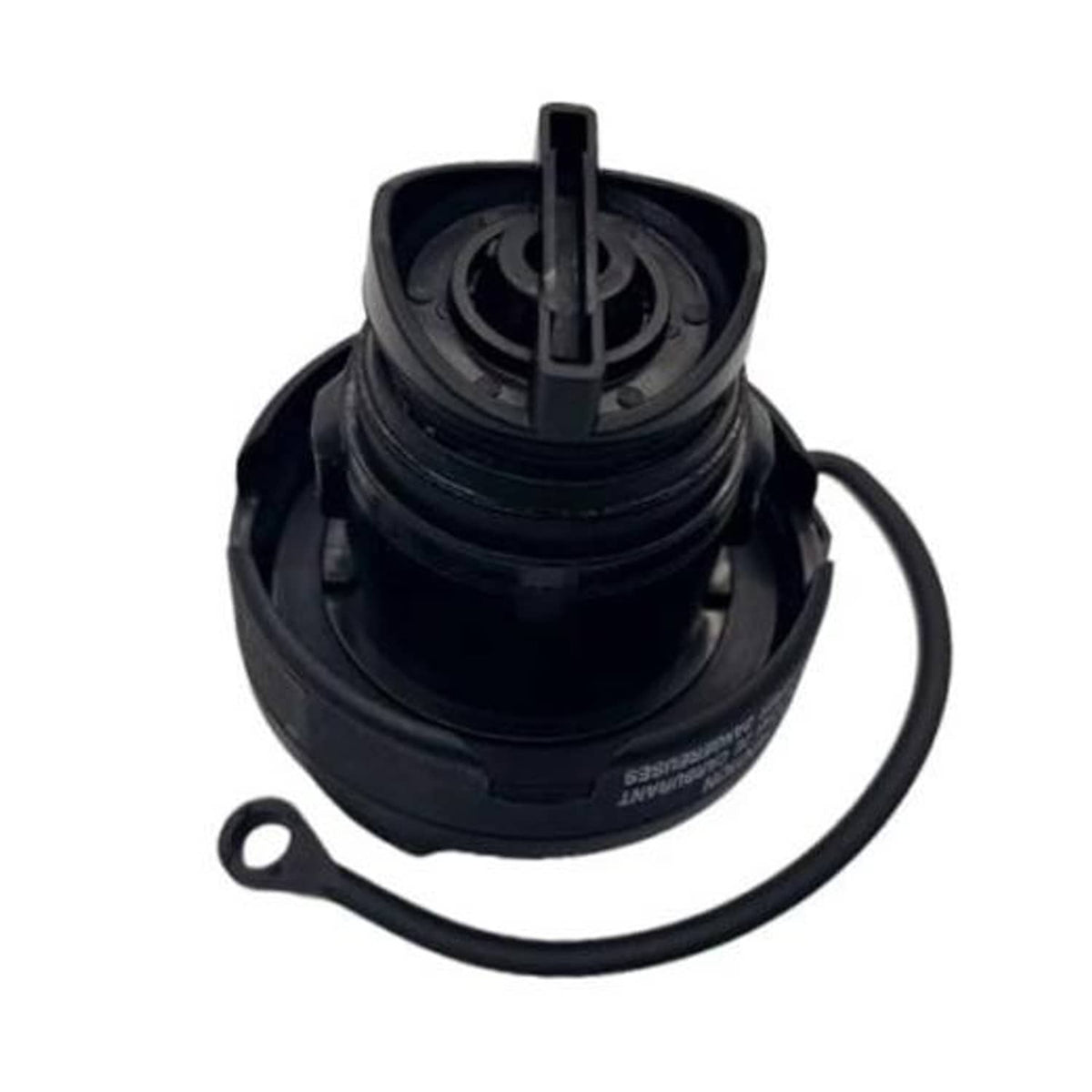 Black fuel tank filler cap with integrated tether cord and sealing cap