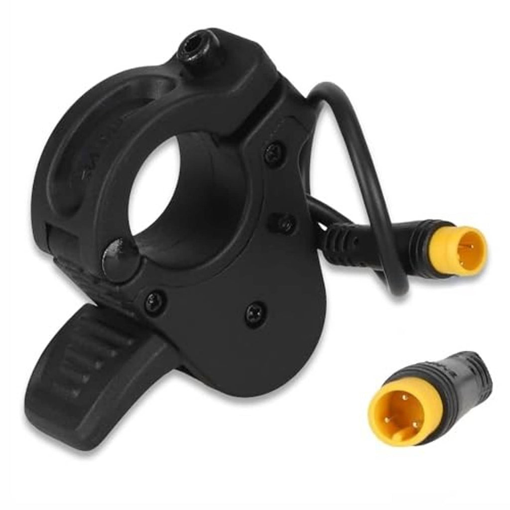 Black thumb throttle with curved lever and separate yellow connector plug