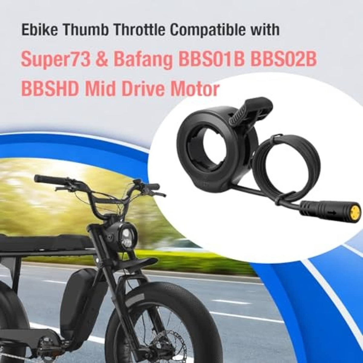 Thumb throttle installed on e-bike handlebar with black grip and yellow connector