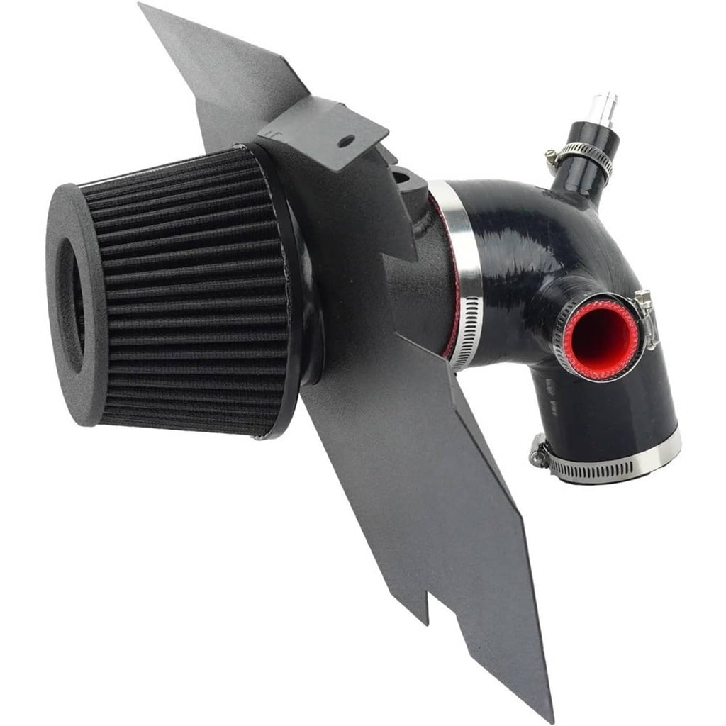 Cold air intake kit close-up: cone filter, curved intake pipe, and bracket fins