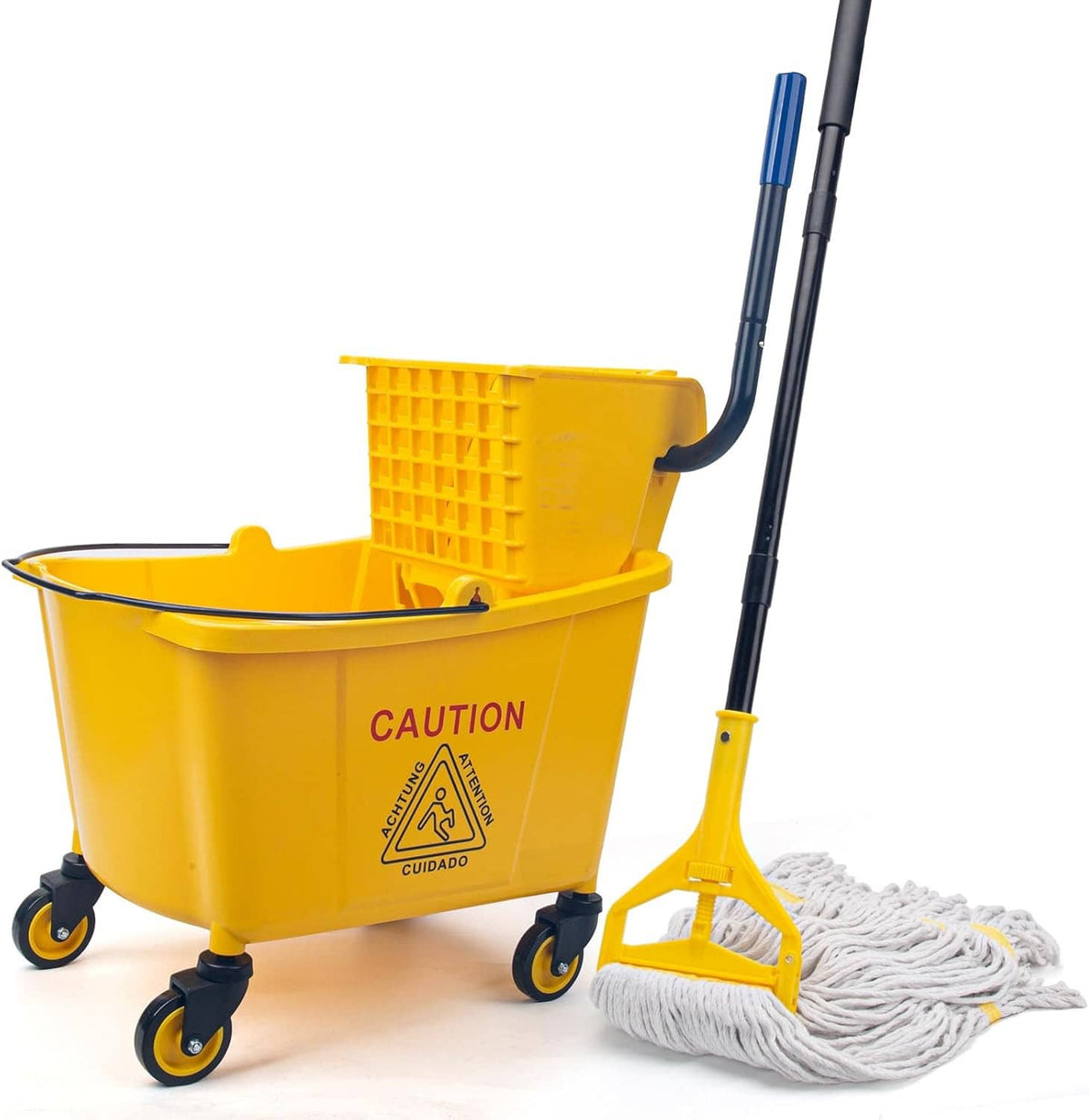 Yellow commercial mop bucket with side press wringer, caution label, and rolling wheels