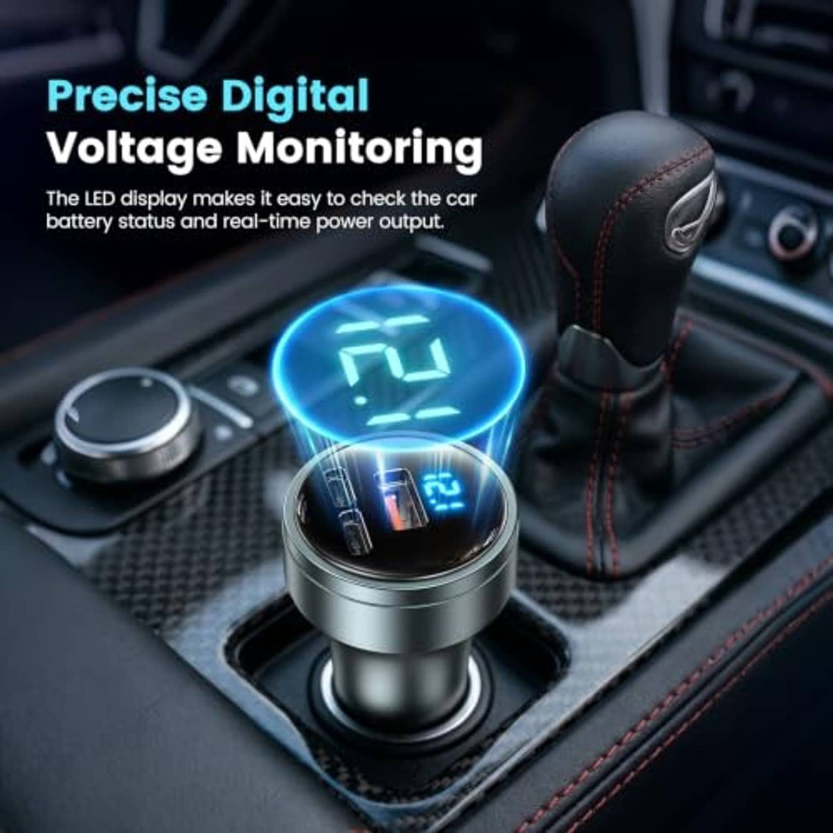 Car DC adapter with glowing digital voltage LED screen in a vehicle console